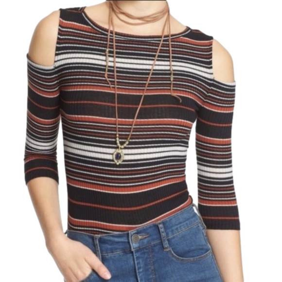 Free People Striped Ribbed Cold Shoulder Top - Picture 2 of 13